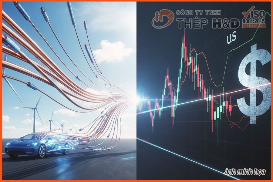 Biểu đồ giá đồng biến động năm 2025 với biểu tượng năng lượng xanh và đồng USD
