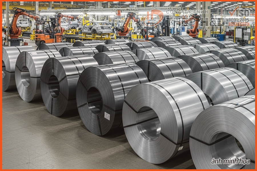Industrial steel coils stacked and ready for production in the automotive industry.