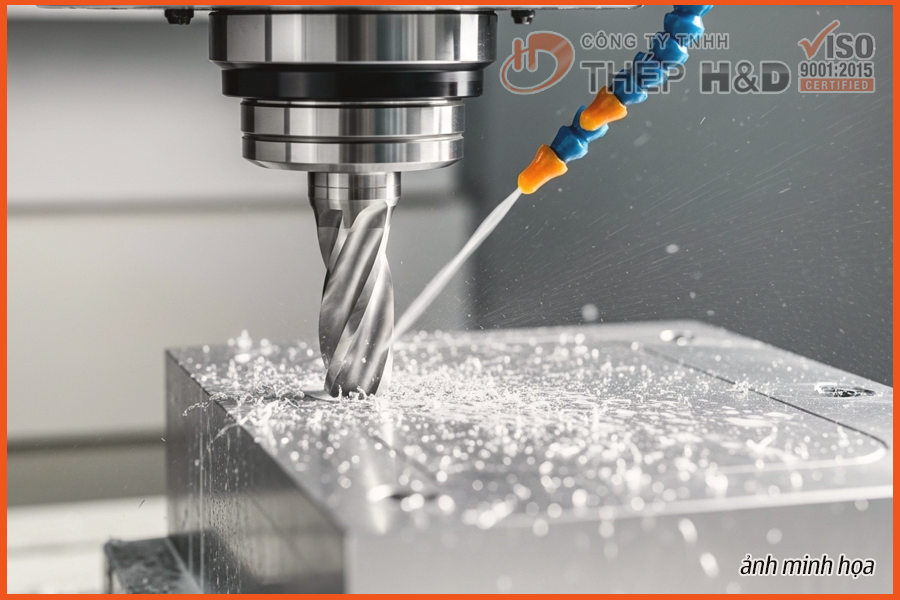 A CNC milling machine processing an aluminum part with coolant