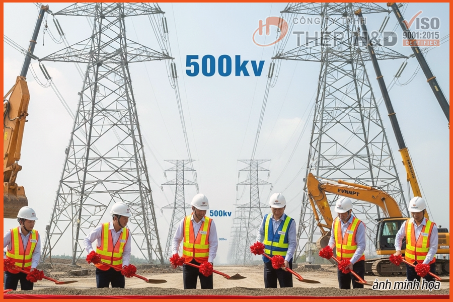 Groundbreaking ceremony for a 500kV power line project, with construction equipment and high-voltage towers in the background.