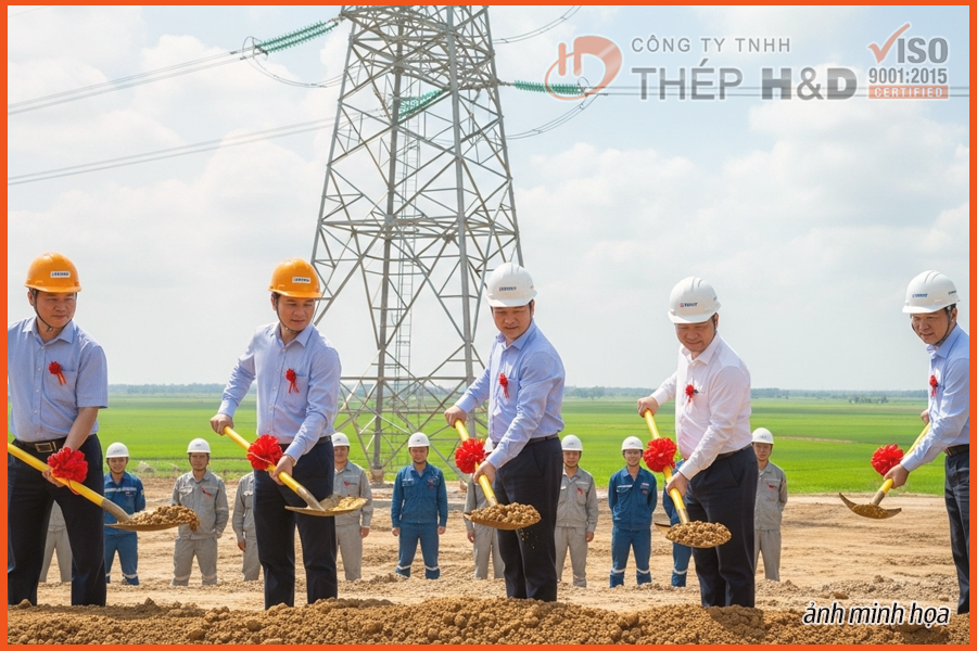 Lễ khởi công dự án đường dây 500kV với các thiết bị xây dựng và cột điện cao thế ở phía sau.