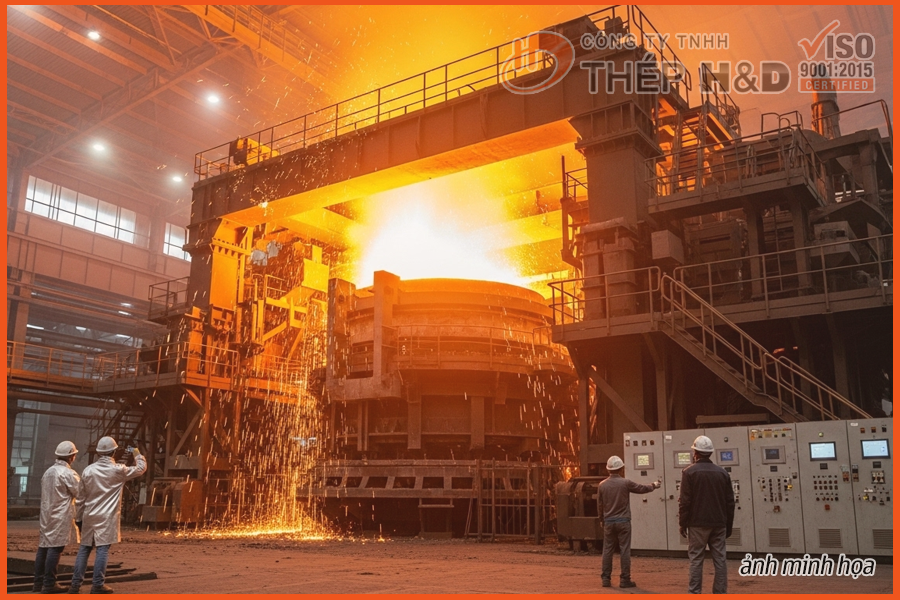 A modern electric arc furnace in operation at the Algoma Steel plant