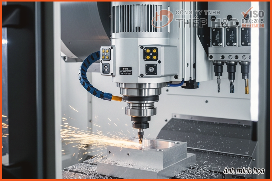 A high-tech motor spindle operating in a CNC machine, illustrating precision and automation in manufacturing.