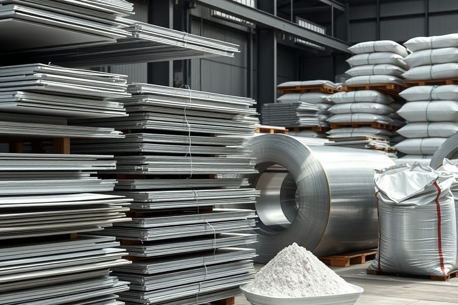 Alumina powder next to aluminum sheet coils, showing the chain from alumina to aluminum sheet