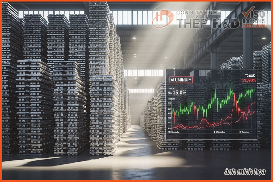 Aluminum ingots stacked in a warehouse, illustrating the market's growing inventory situation.