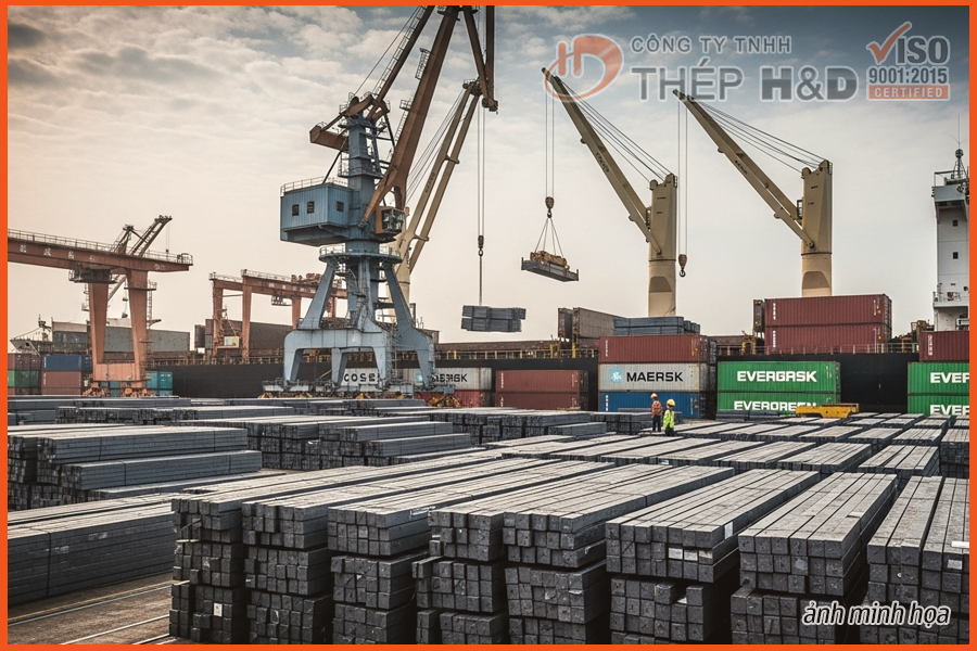 Cargo ship being loaded with steel billets at a Chinese port in July 2025