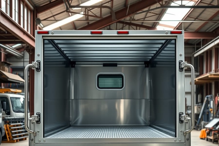 Aluminum sheet truck body with aluminum tread plate floor in a body shop